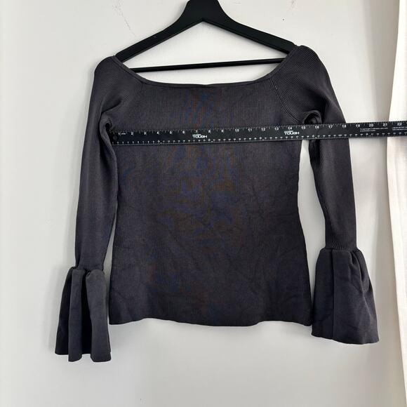Elizabeth and James Ribbed Off the Shoulder Top Bell Sleeve Dark Gray - Picture 4 of 8